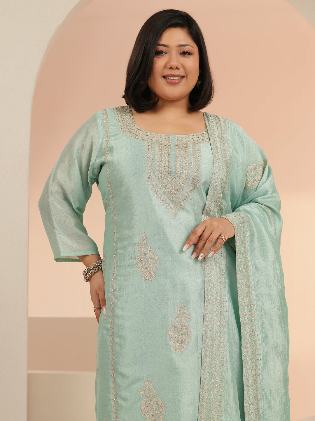  Plus Size Blue Paisley Zari Embellished Straight Suit Set 