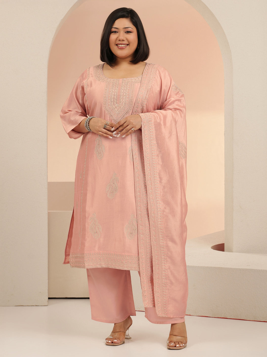  Plus Size Pink Paisley Zari Embellished Straight Suit Set 