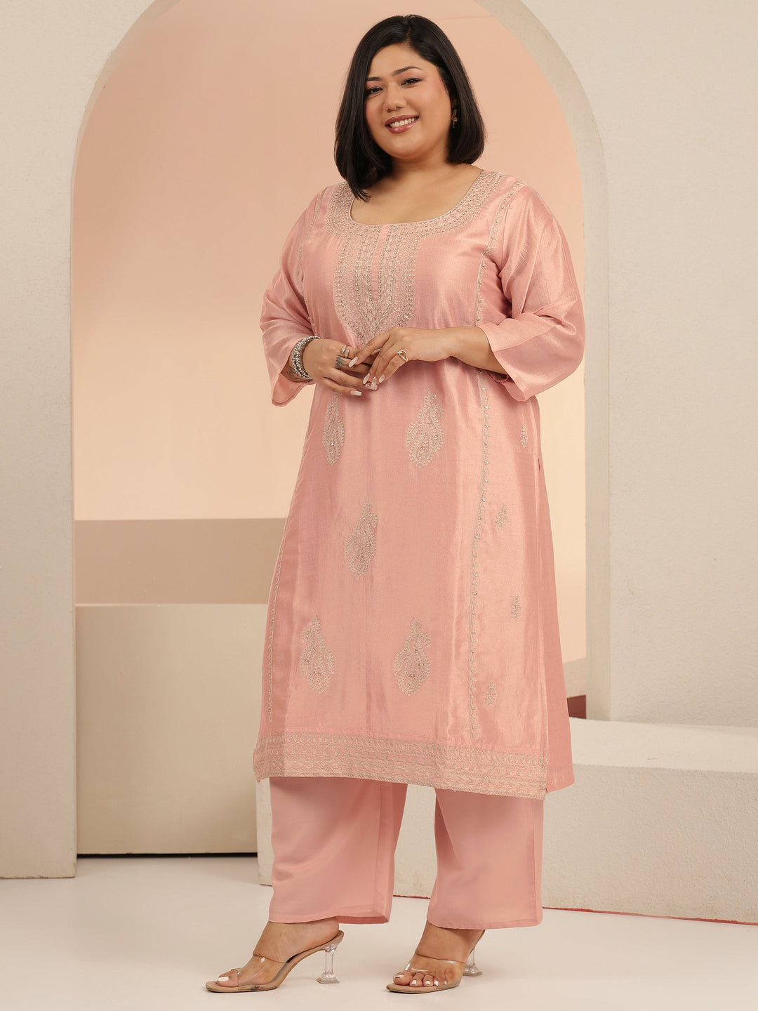  Plus Size Pink Paisley Zari Embellished Straight Suit Set 