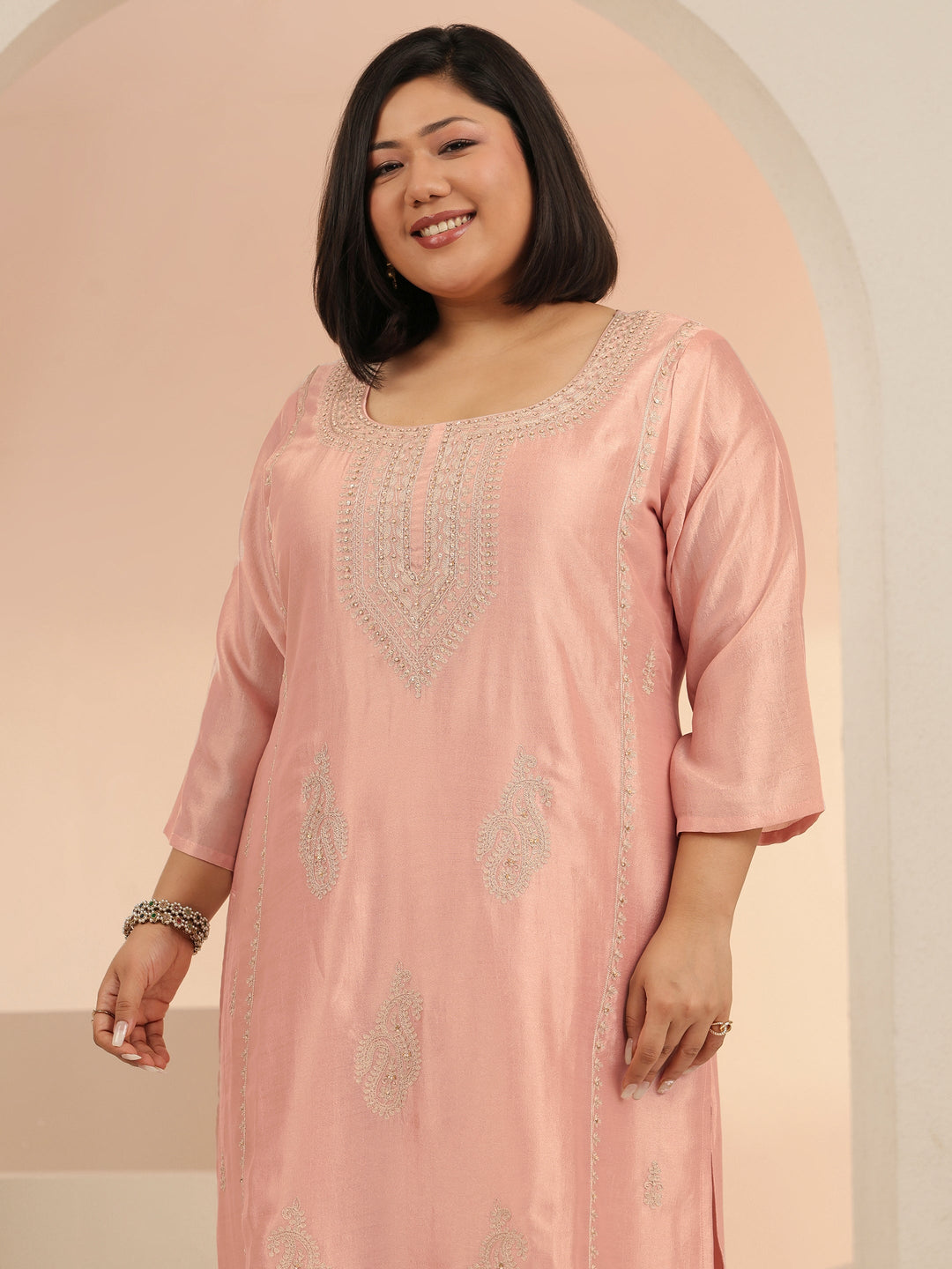  Plus Size Pink Paisley Zari Embellished Straight Suit Set 