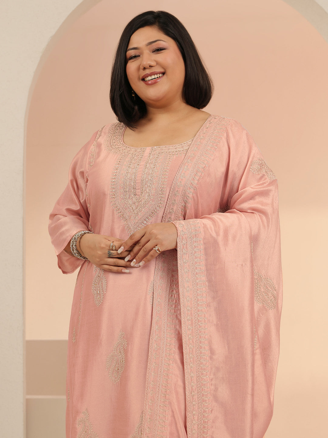  Plus Size Pink Paisley Zari Embellished Straight Suit Set 