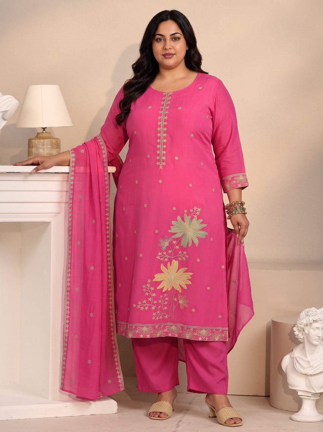  Plus Size Hot Pink Floral Embroidered Chanderi Silk Straight Suit Set 