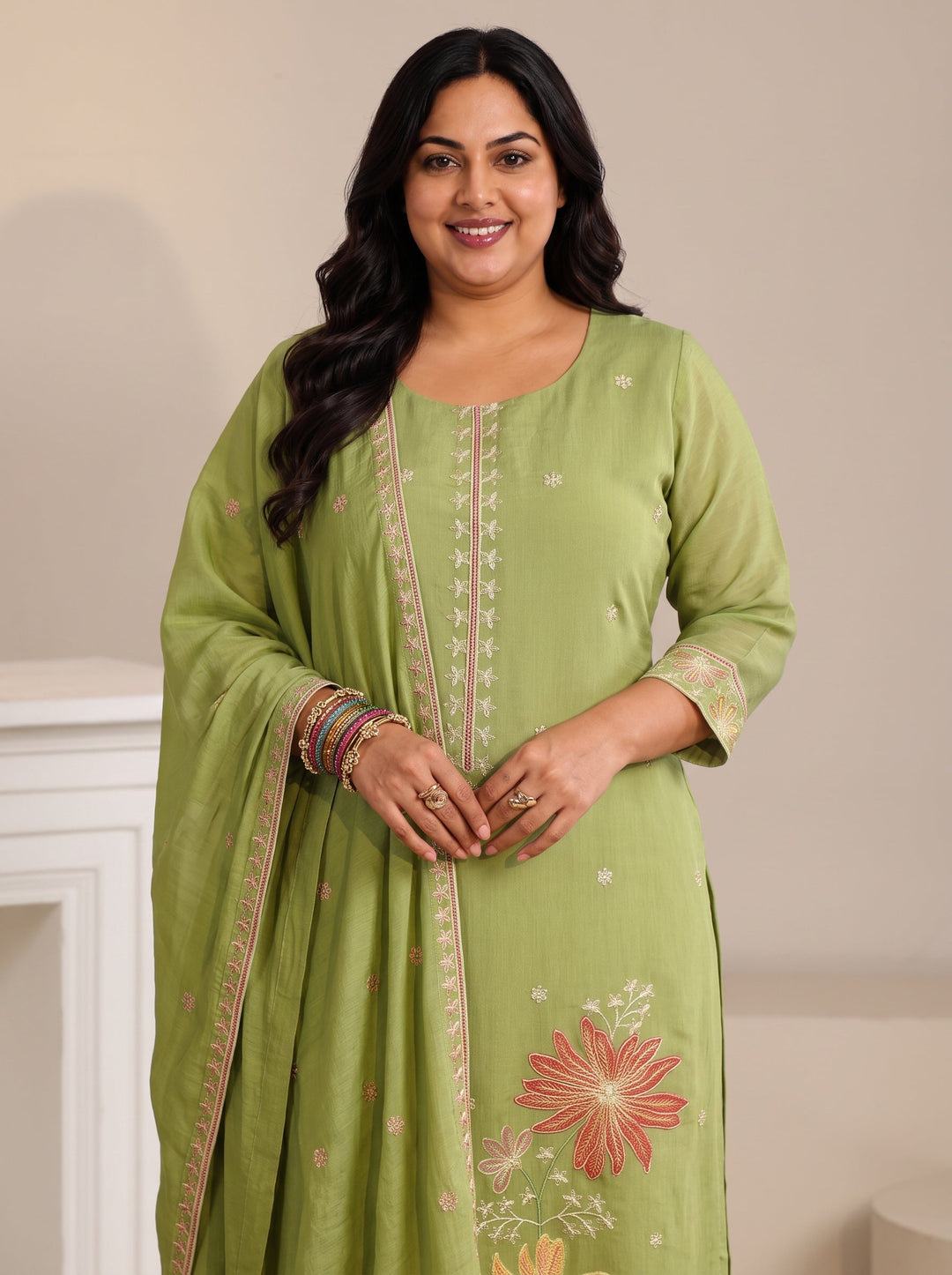  Plus Size Pista Green Floral Embroidered Chanderi Silk Straight Suit Set 