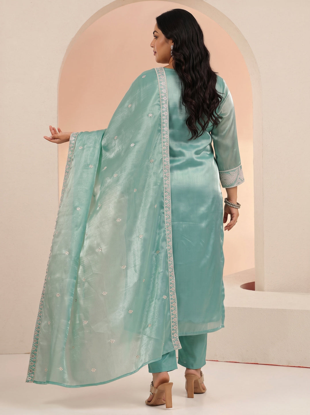  Plus Size Arctic Blue Embroidered Tissue Straight Suit Set 