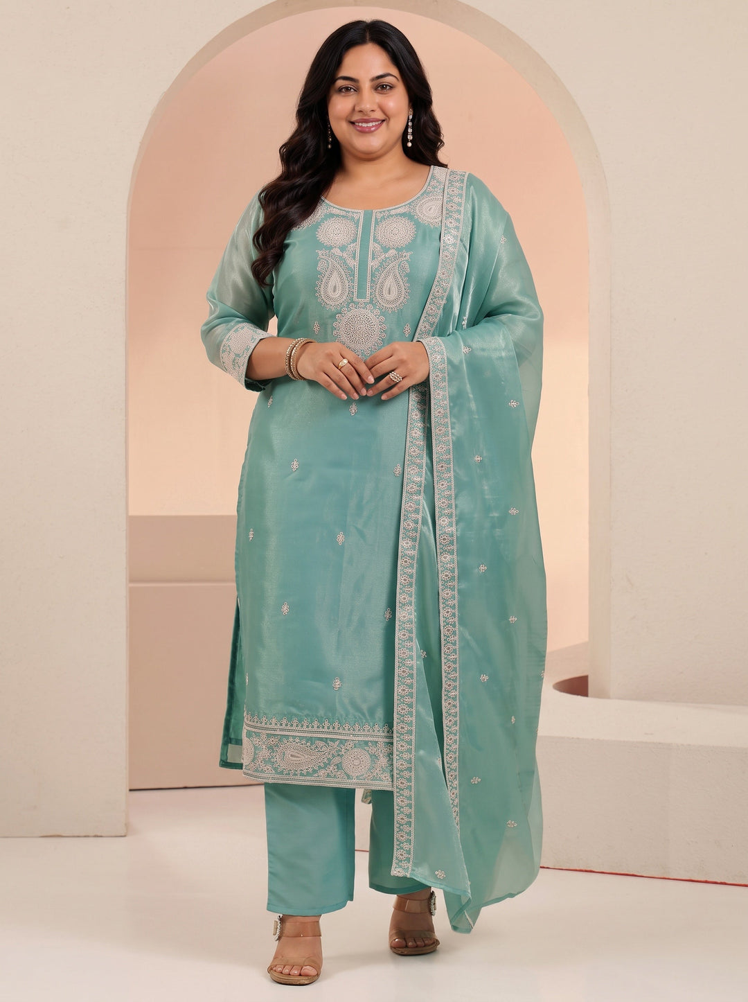  Plus Size Arctic Blue Embroidered Tissue Straight Suit Set 