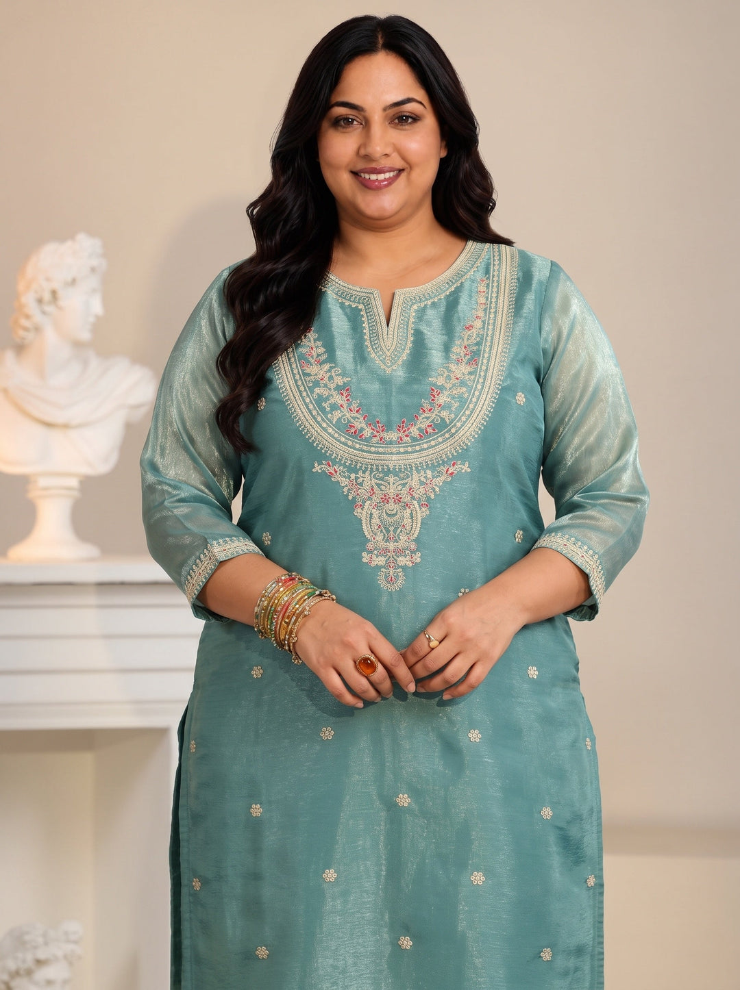  Plus Size Aqua Blue Ethnic Embroidered Tissue Straight  Suit Set 