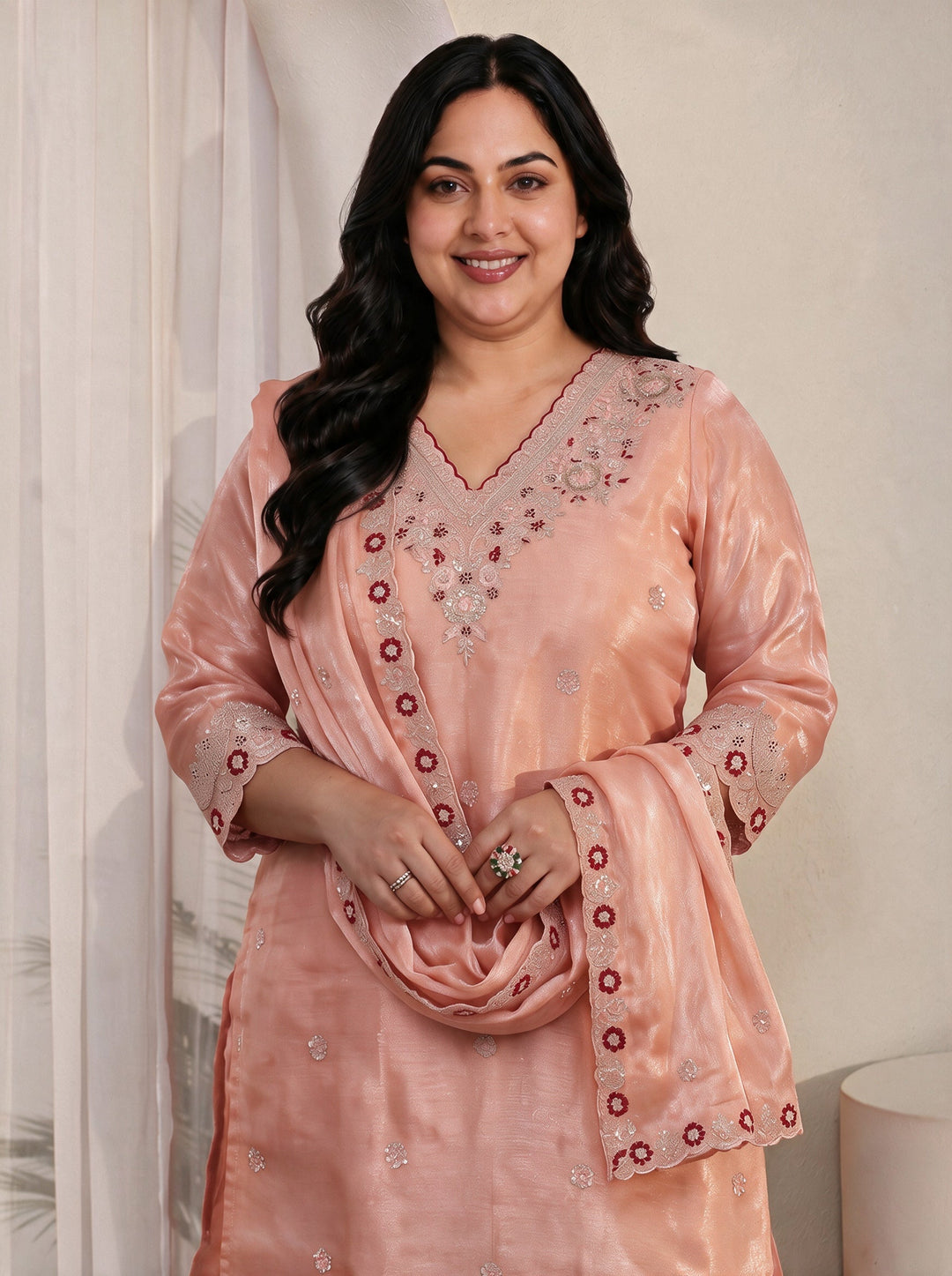  Plus Size Peach Pink Floral Embroidered Tissue Straight Suit Set 