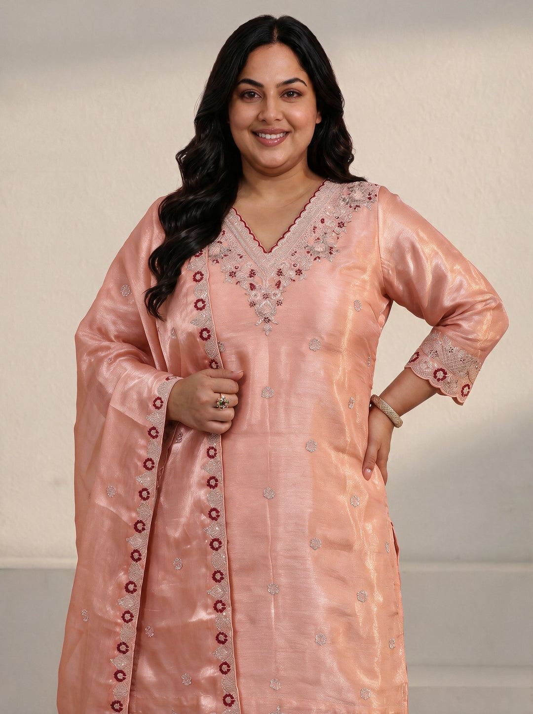  Plus Size Peach Pink Floral Embroidered Tissue Straight Suit Set 