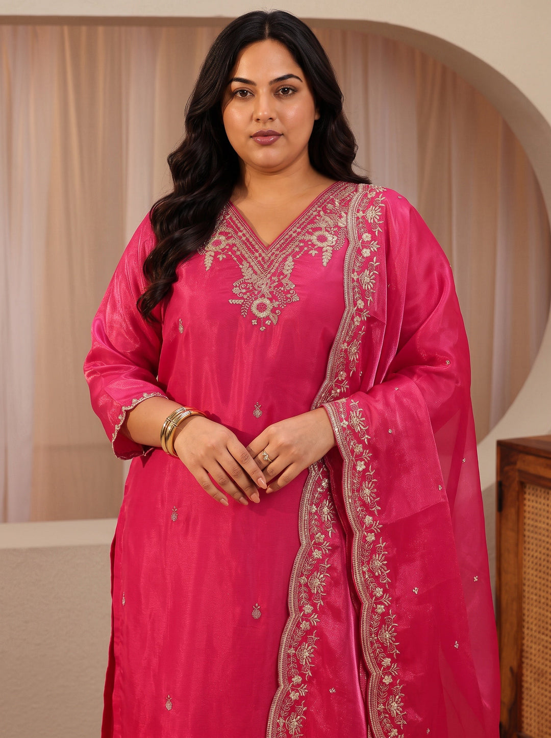  Plus Size Fuchsia Pink Floral Embroidered Tissue Straight Suit Set 