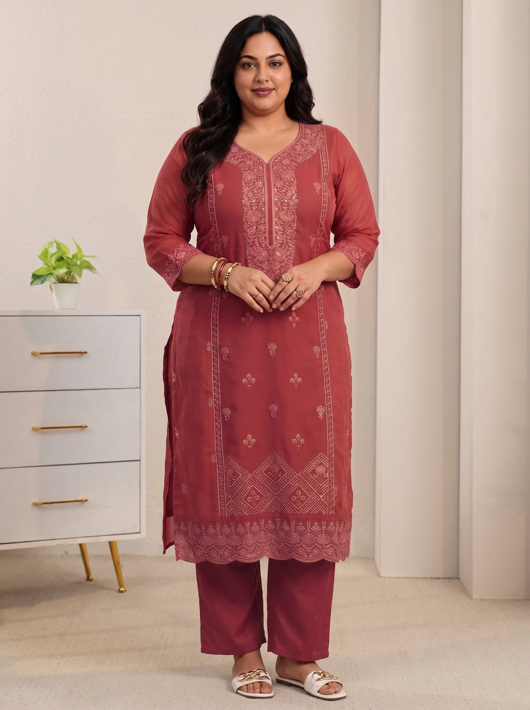  Plus Size Rust Red Floral Embroidered Georgette Straight Suit Set 