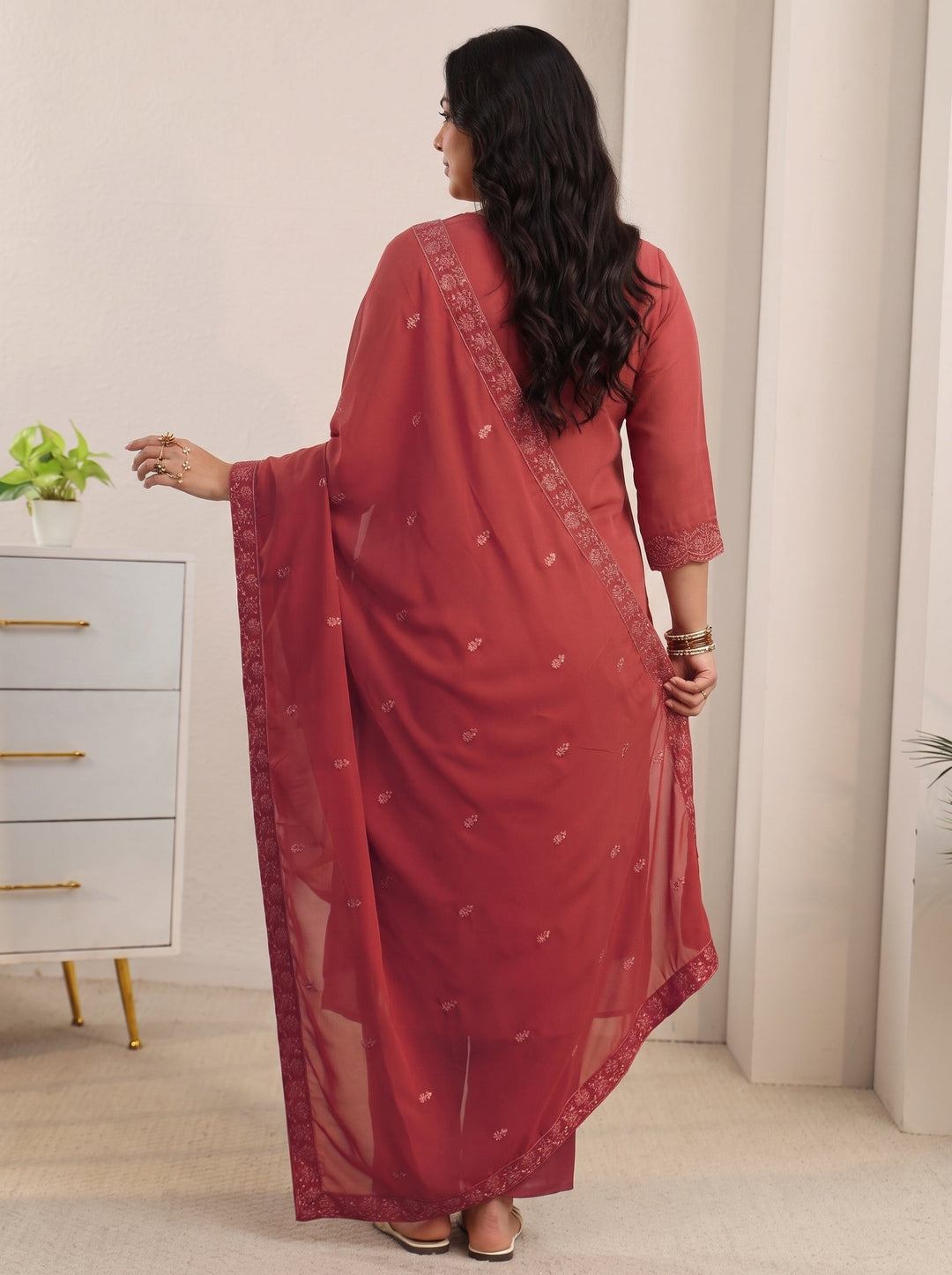  Plus Size Rust Red Floral Embroidered Georgette Straight Suit Set 
