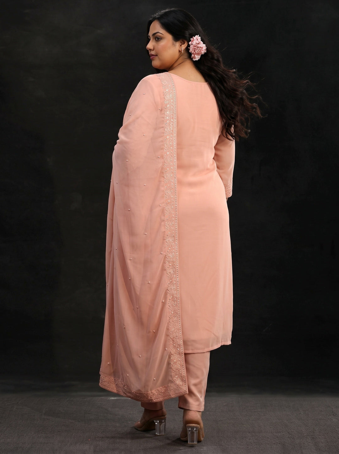  Plus Size Peach Embroidered Georgette Straight Suit Set 