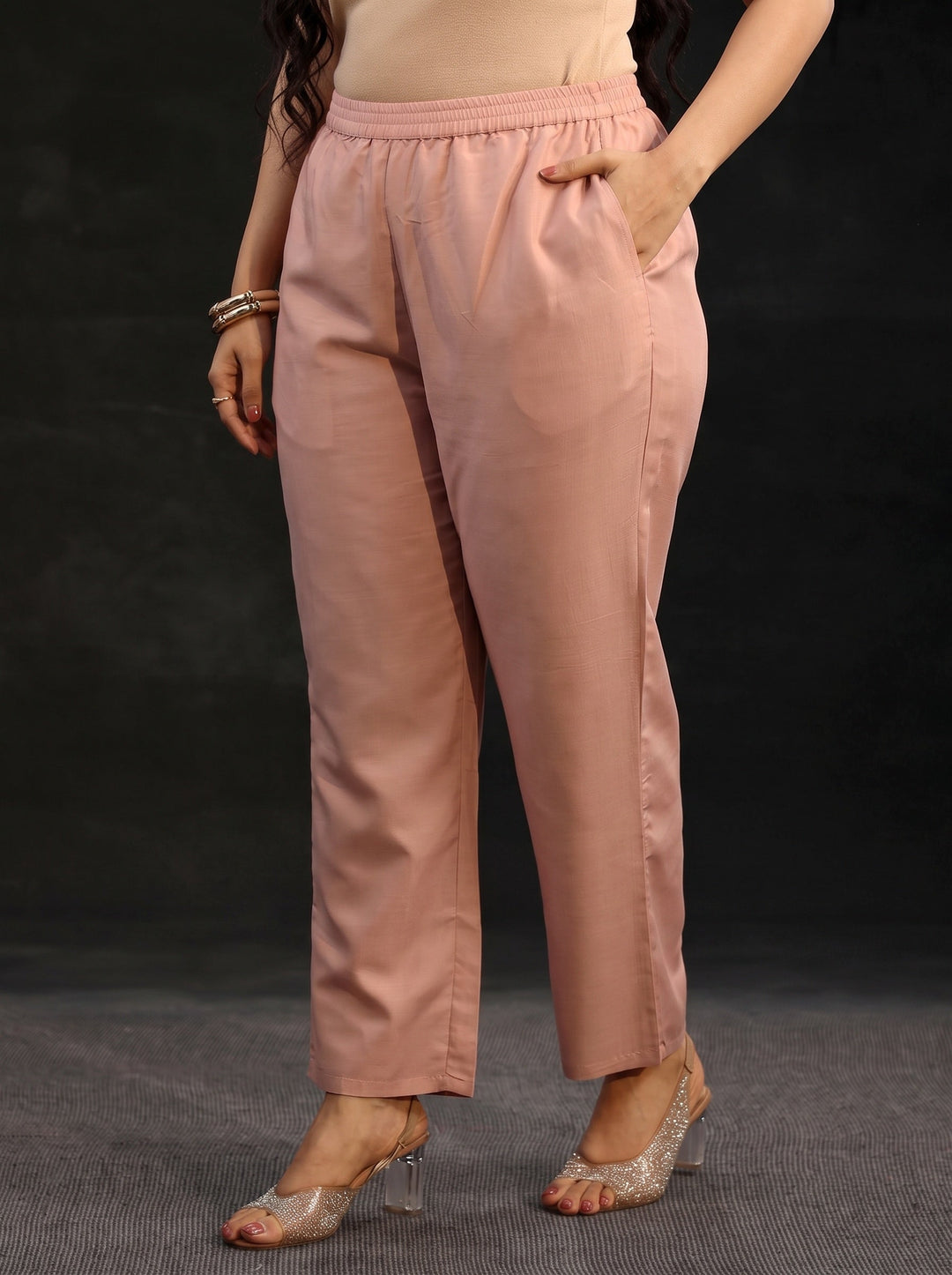  Plus Size Peach Embroidered Georgette Straight Suit Set 