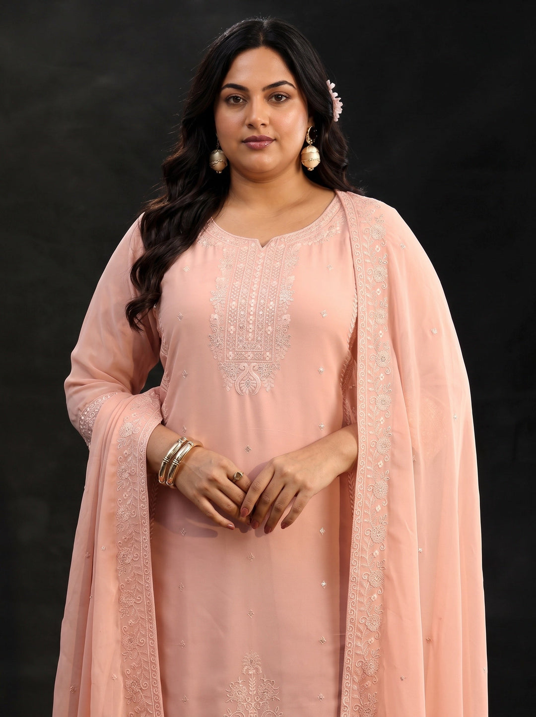  Plus Size Peach Embroidered Georgette Straight Suit Set 