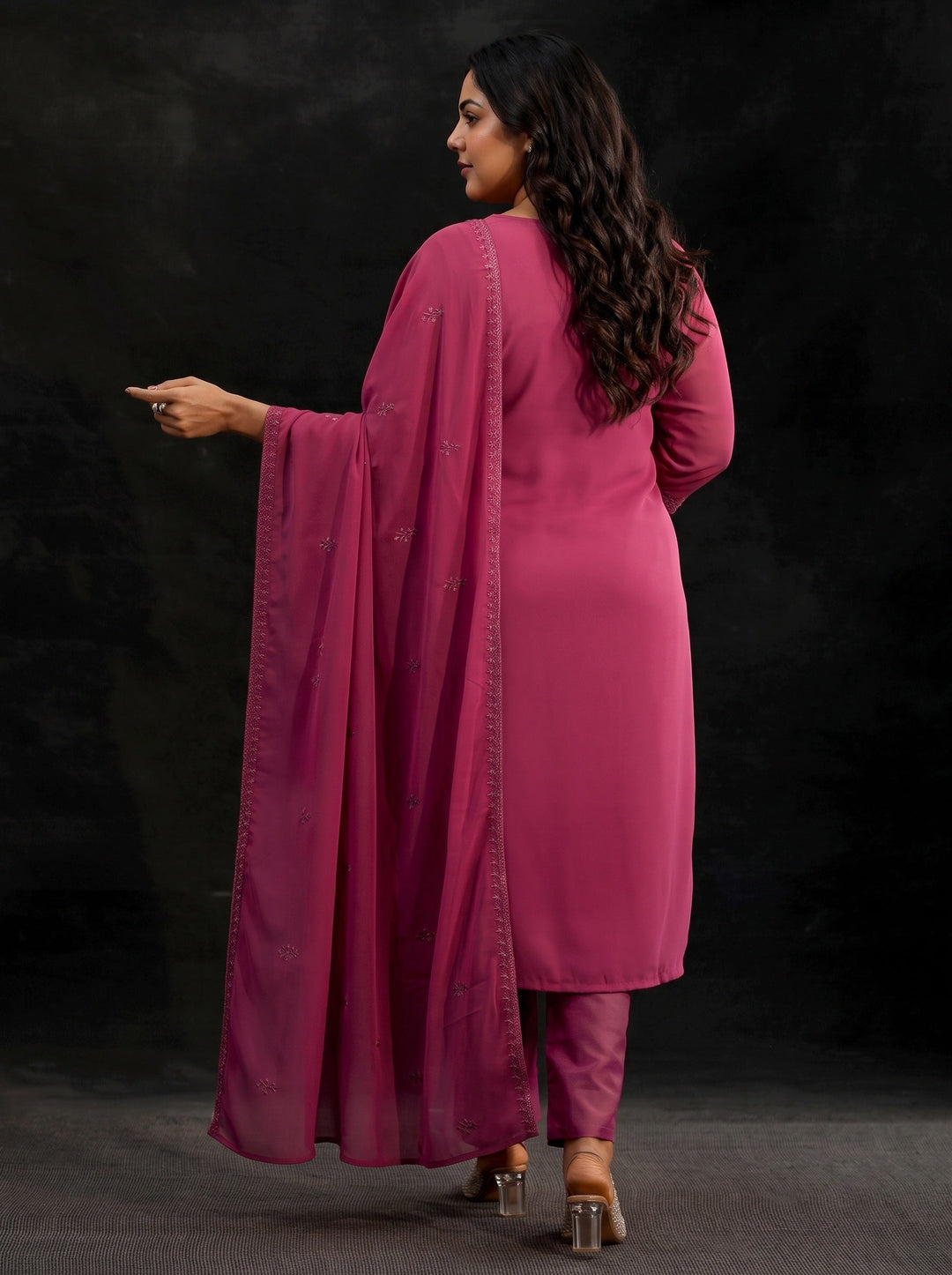  Plus Size Pink Floral Embroidered Georgette Straight Suit Set 