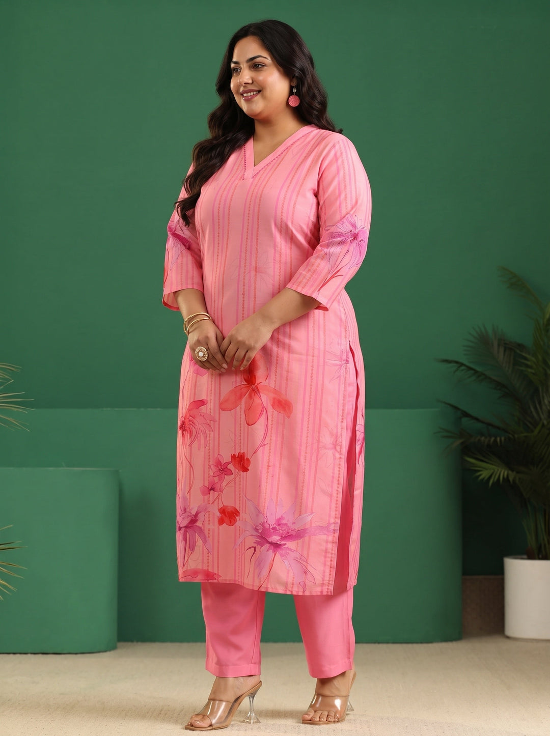  Plus Size Pink Floral Printed Muslin A-Line Suit Set 