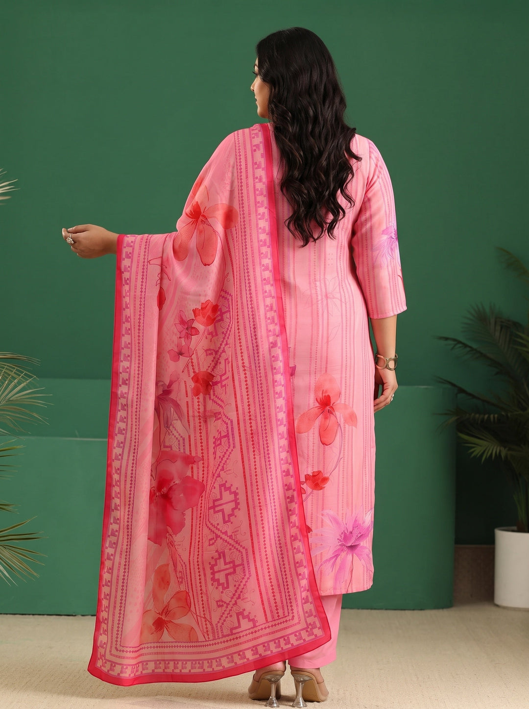  Plus Size Pink Floral Printed Muslin A-Line Suit Set 