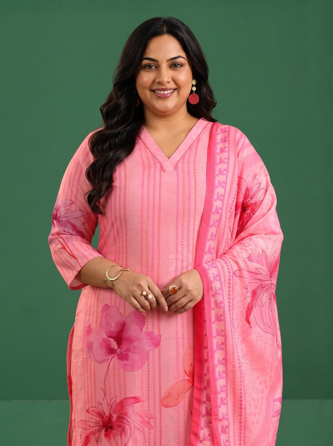  Plus Size Pink Floral Printed Muslin A-Line Suit Set 