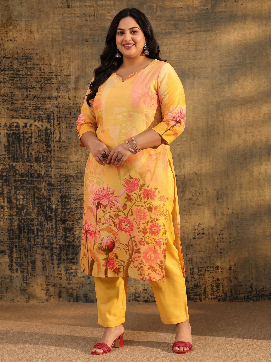  Plus Size Mustard Floral Printed Muslin Straight Suit Set 