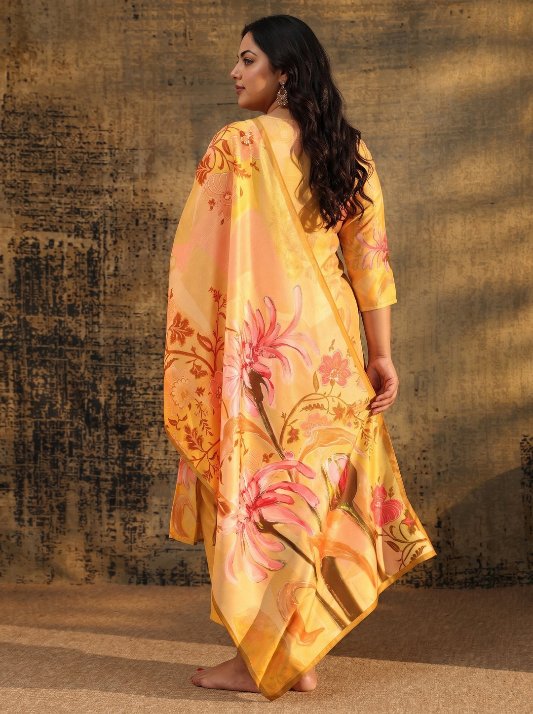  Plus Size Mustard Floral Printed Muslin Straight Suit Set 