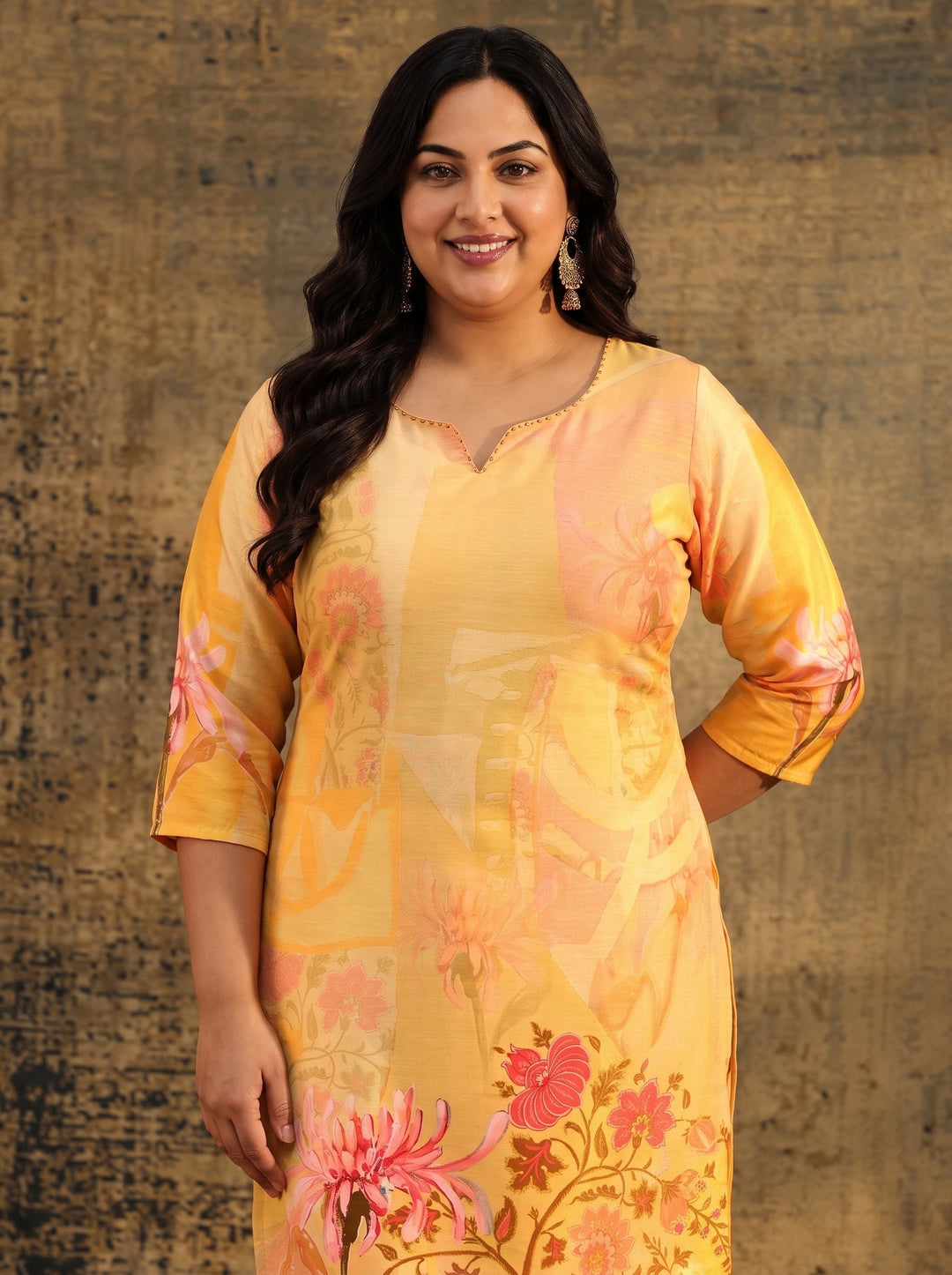  Plus Size Mustard Floral Printed Muslin Straight Suit Set 