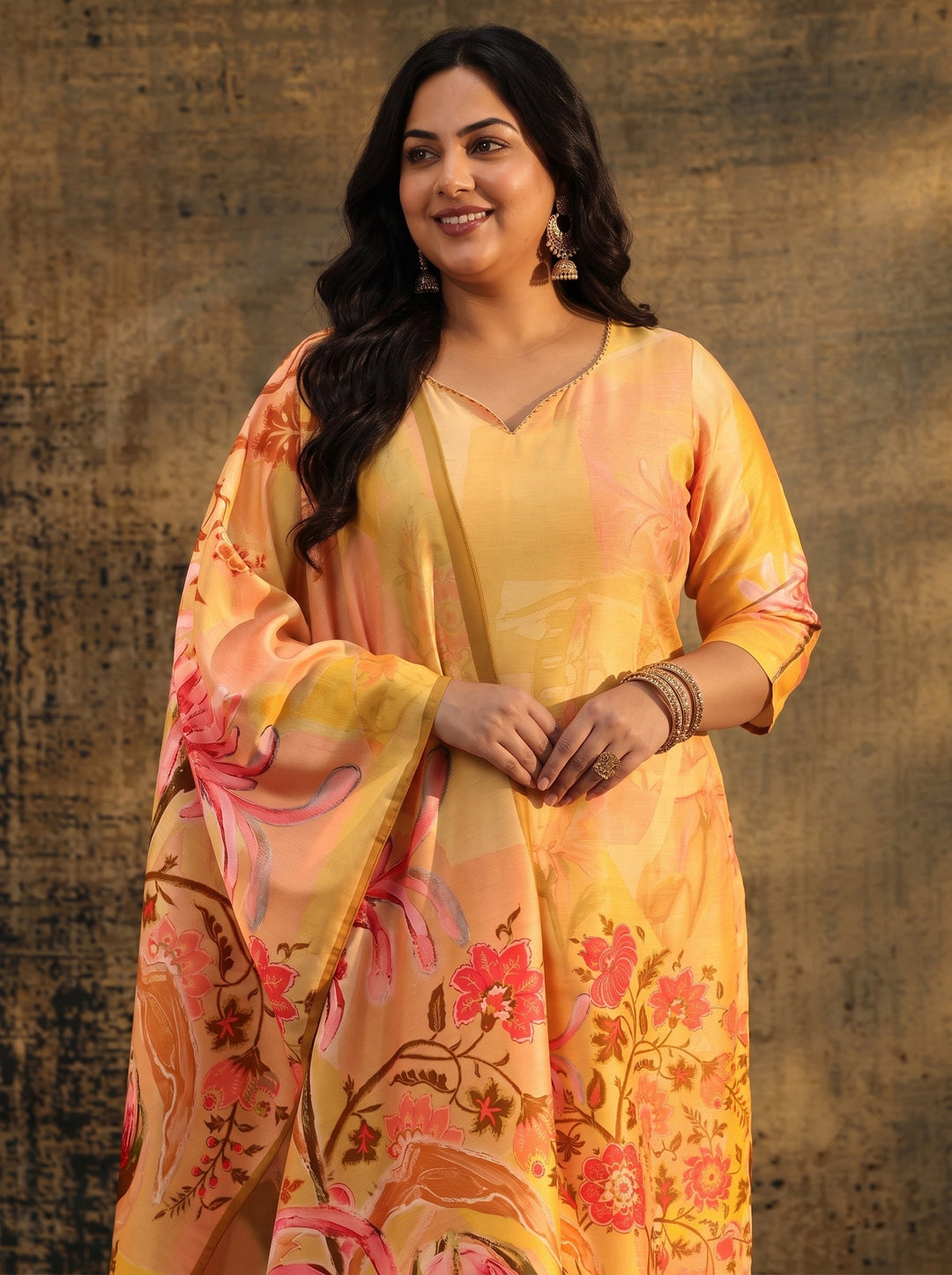  Plus Size Mustard Floral Printed Muslin Straight Suit Set 