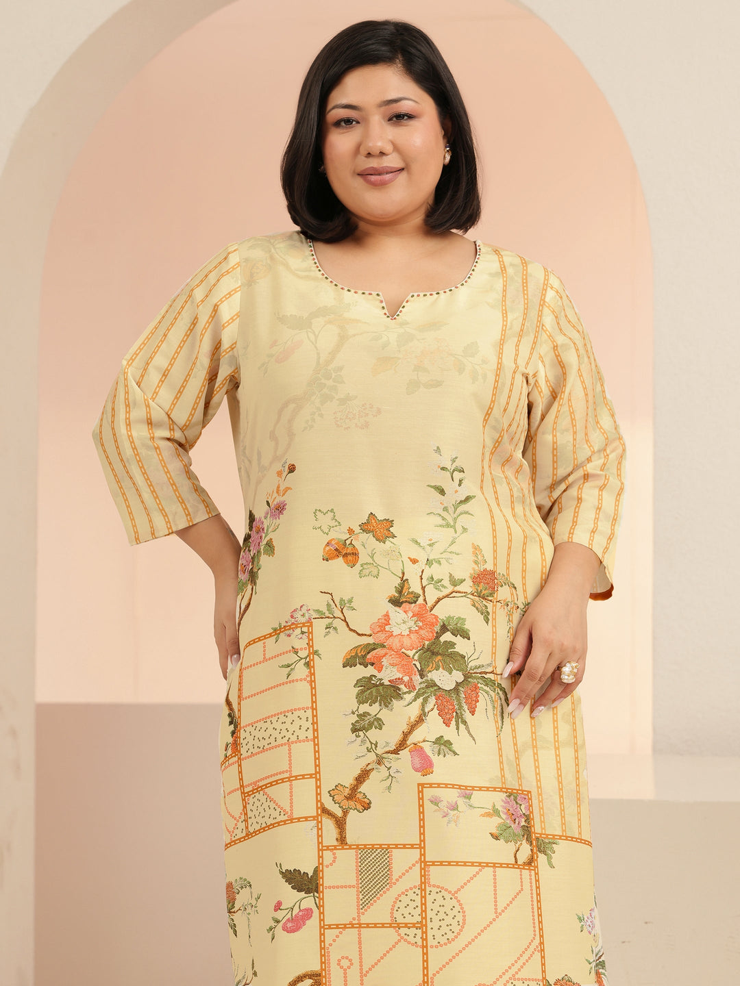  Plus Size Beige Floral Print Muslin Straight Suit Set 