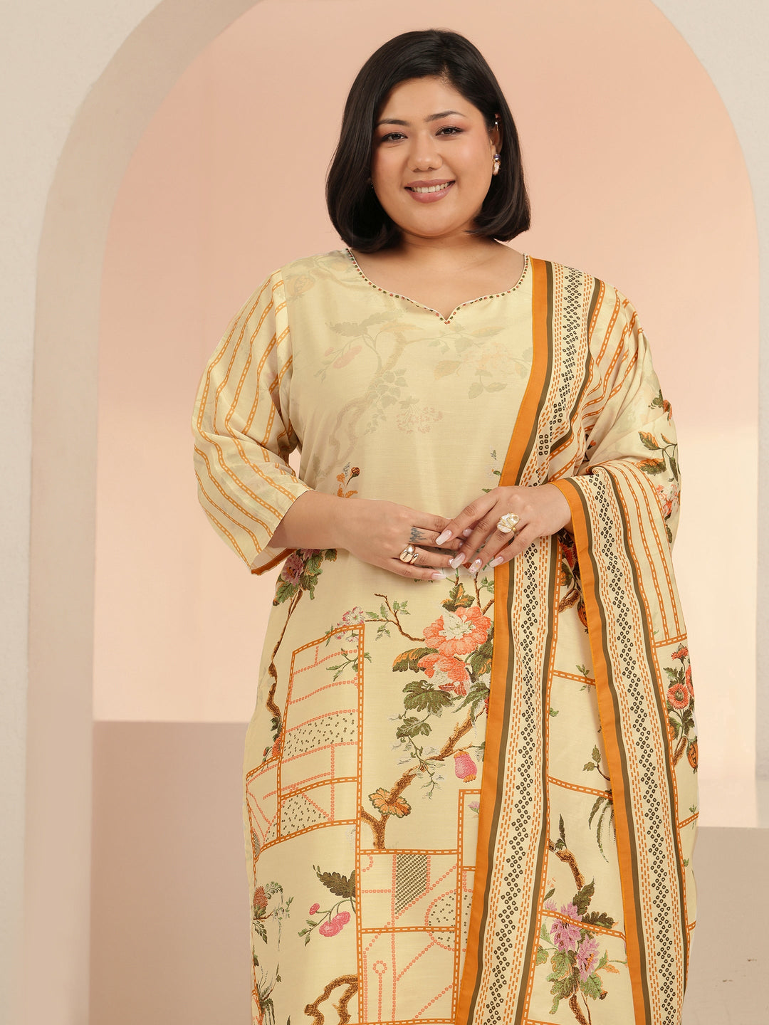  Plus Size Beige Floral Print Muslin Straight Suit Set 