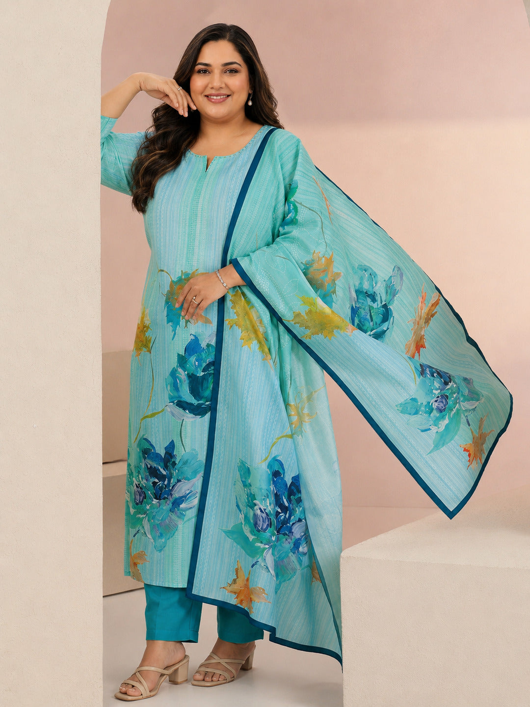  Plus Size Blue Floral Printed Muslin Straight Suit Set 