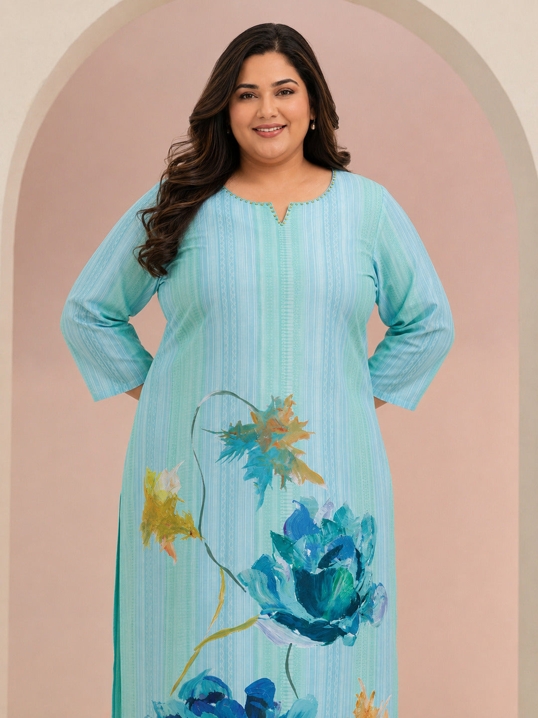  Plus Size Blue Floral Printed Muslin Straight Suit Set 