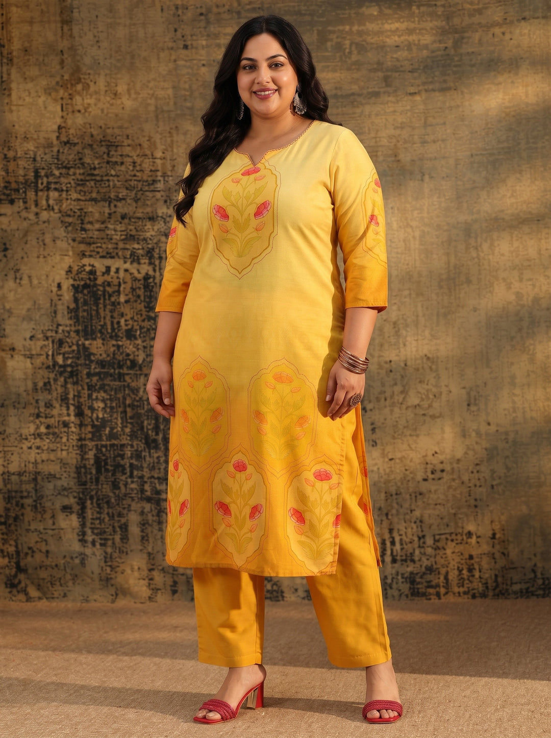  Plus Size Mustard Floral Printed Muslin Straight Suit Set 