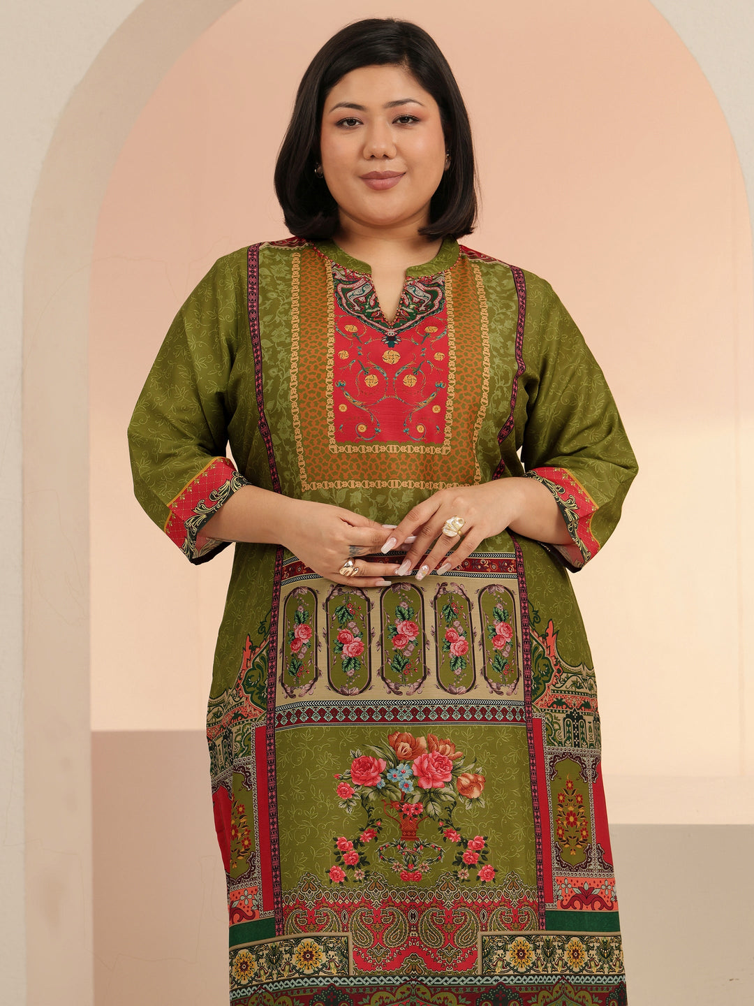  Plus Size Green Floral Printed Muslin Straight Suit Set 