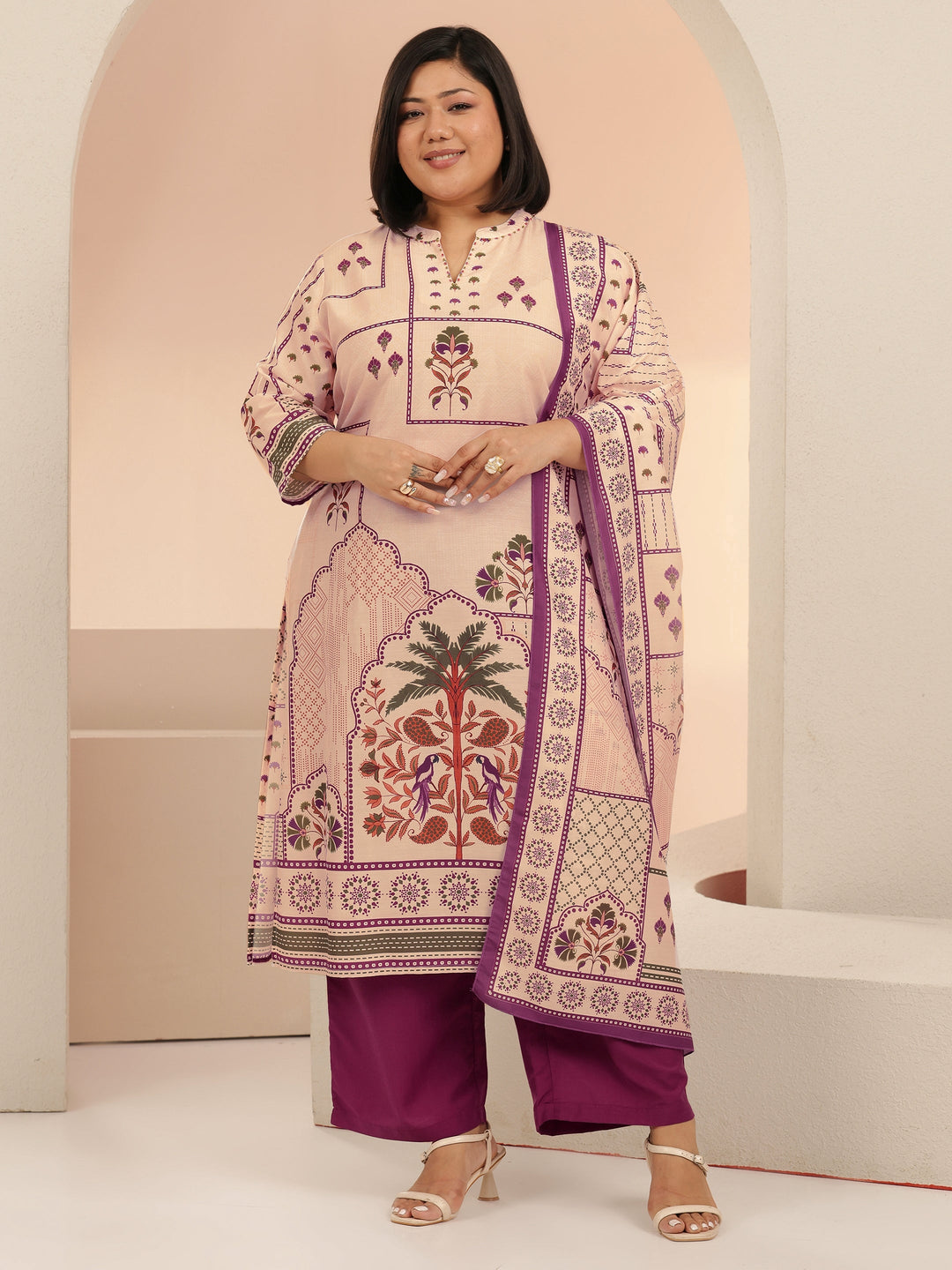  Plus Size Beige Mughal Floral Printed Muslin Straight Suit Set 