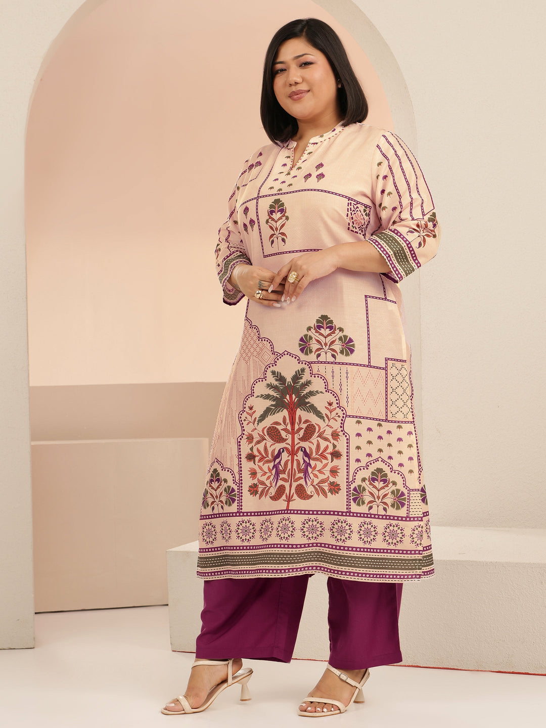  Plus Size Beige Mughal Floral Printed Muslin Straight Suit Set 