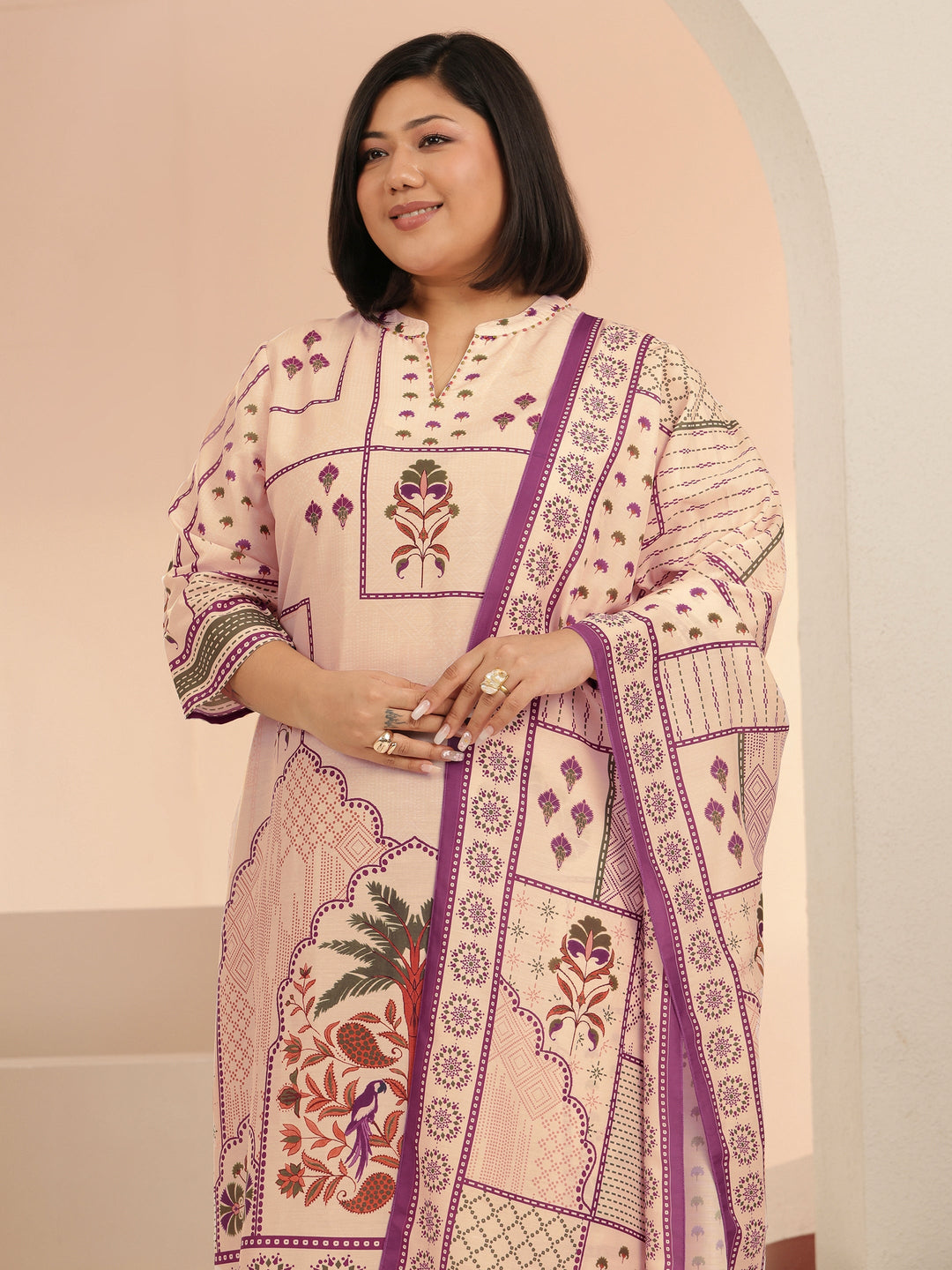  Plus Size Beige Mughal Floral Printed Muslin Straight Suit Set 