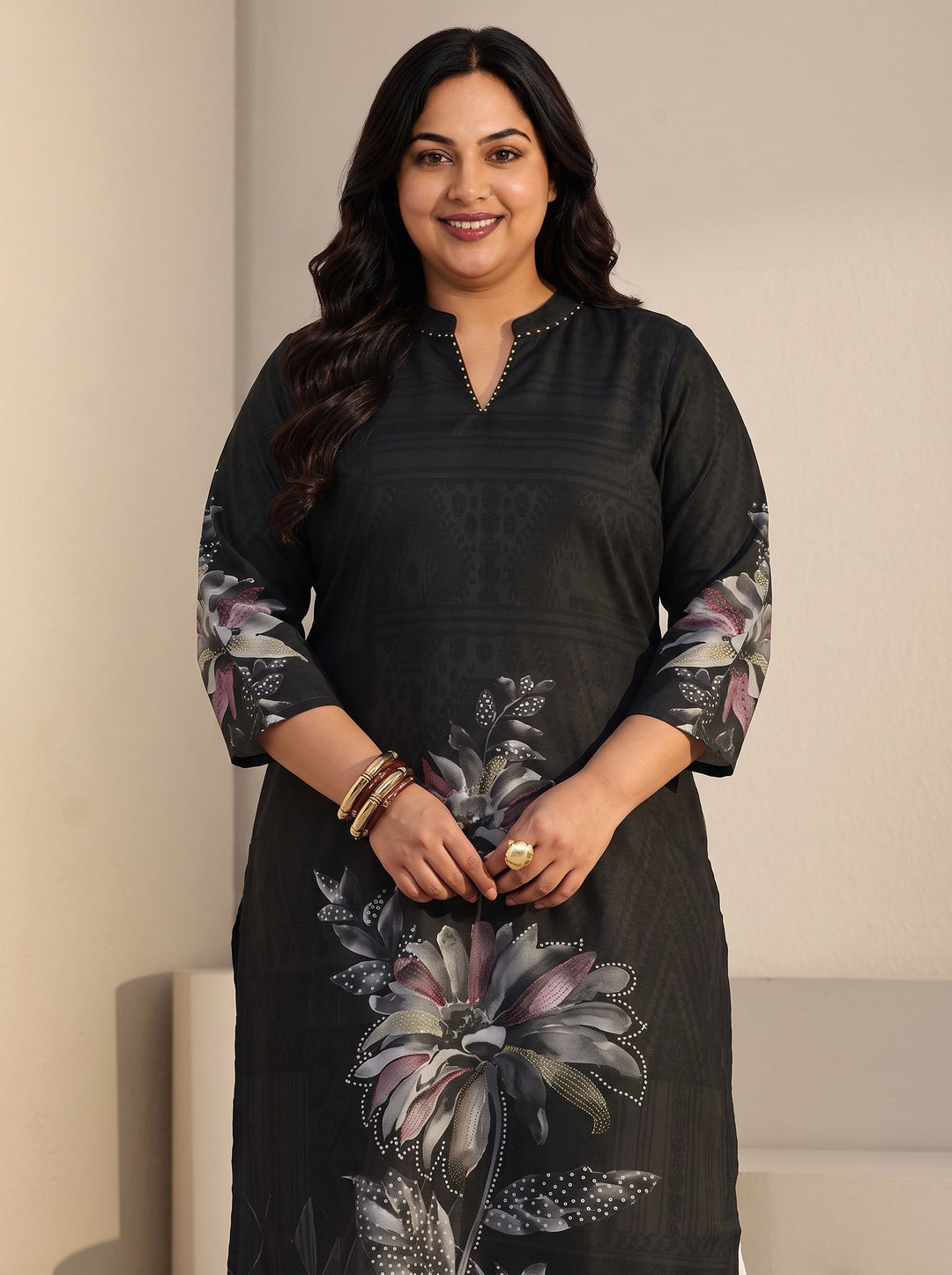  Plus Size Black Floral Printed Muslin Straight Suit Set 