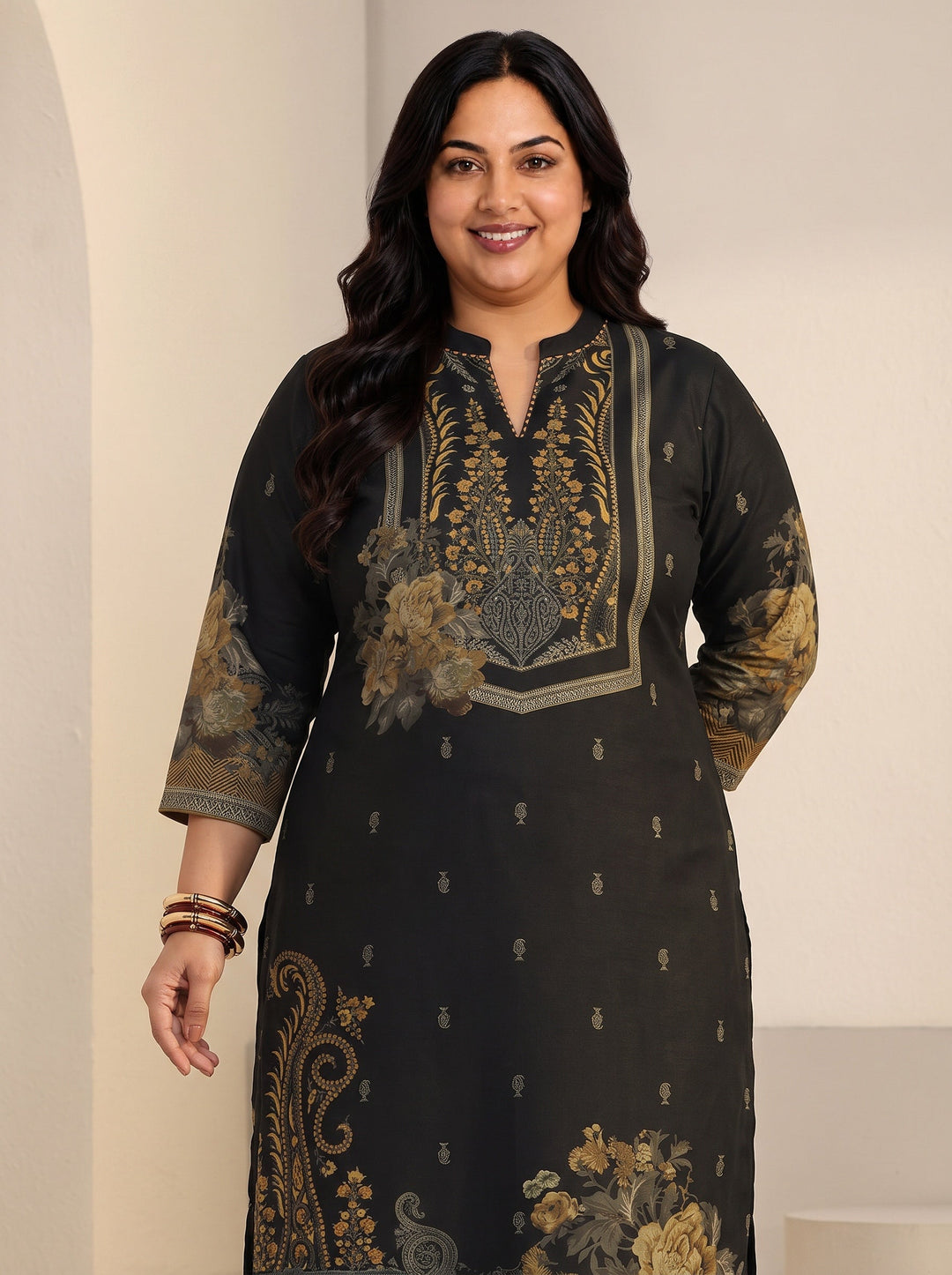  Plus Size Black Floral Printed Muslin Straight Suit Set 