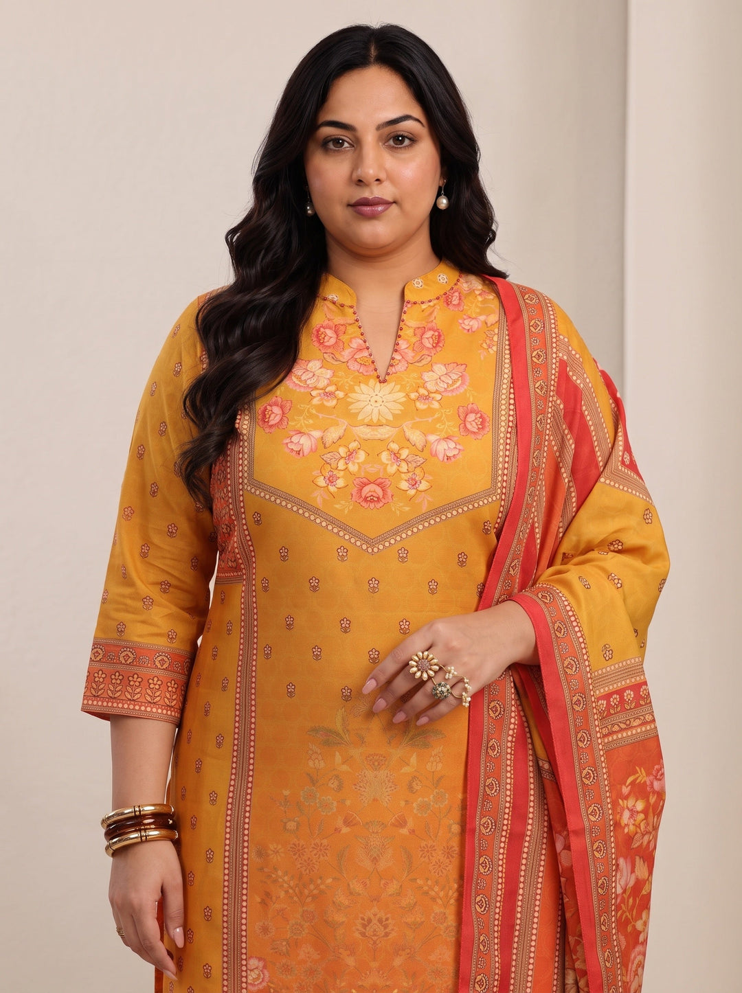  Plus Size Mustard Floral Printed Muslin Straight Suit Set 