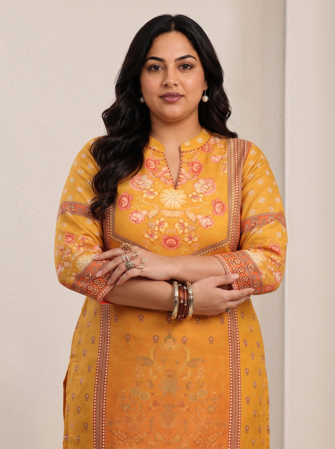  Plus Size Mustard Floral Printed Muslin Straight Suit Set 