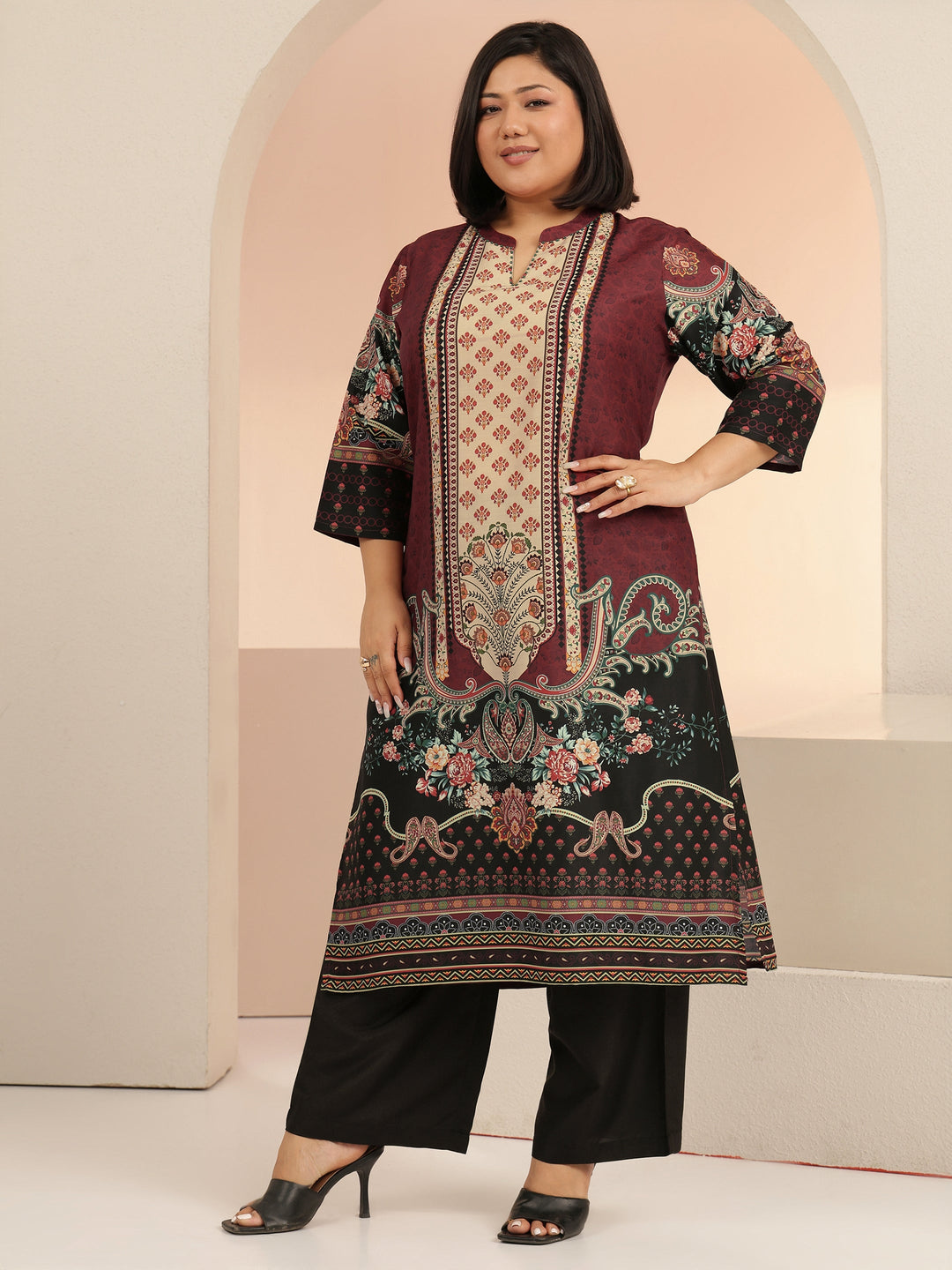  Plus Size Maroon Ethnic Print Muslin Straight Suit Set 