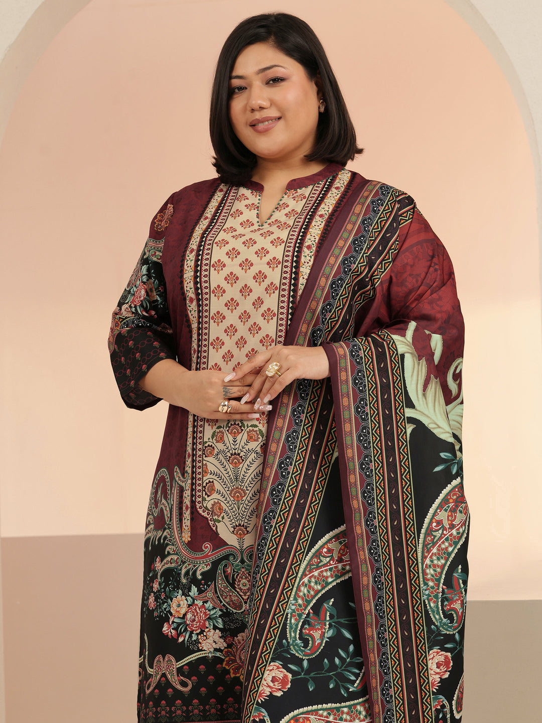  Plus Size Maroon Ethnic Print Muslin Straight Suit Set 