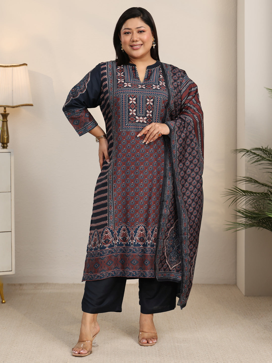  Plus Size Maroon Ethnic Print Cotton Blend Straight Suit Set 