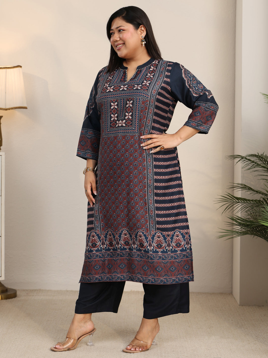  Plus Size Maroon Ethnic Print Cotton Blend Straight Suit Set 
