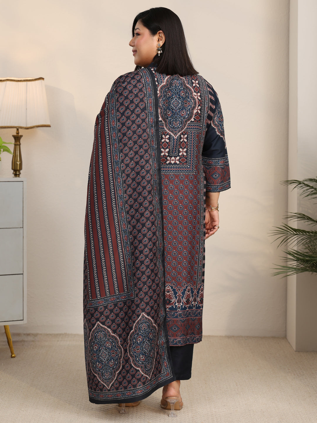  Plus Size Maroon Ethnic Print Cotton Blend Straight Suit Set 