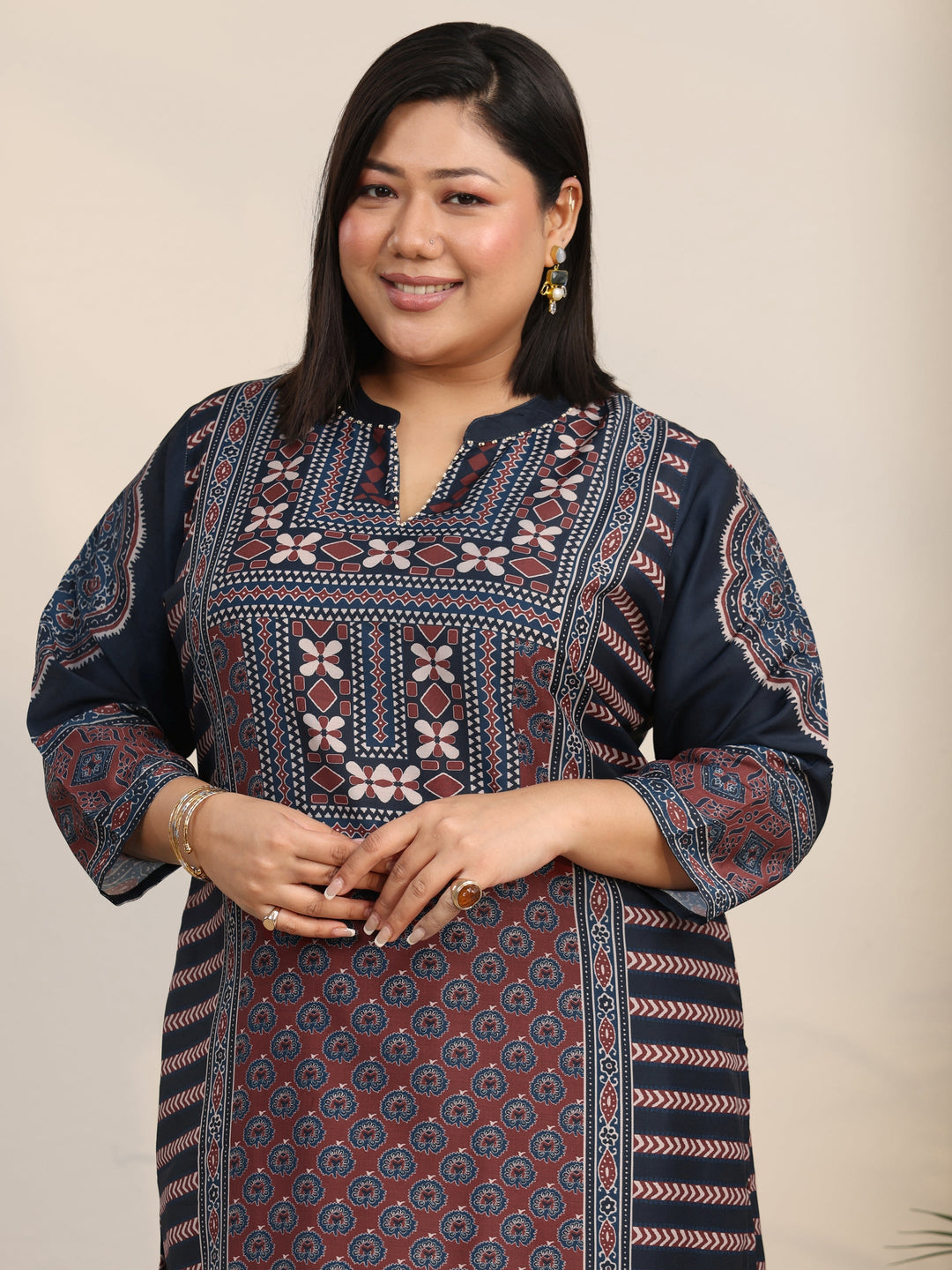  Plus Size Maroon Ethnic Print Cotton Blend Straight Suit Set 