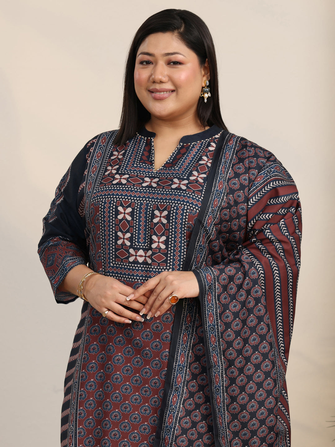  Plus Size Maroon Ethnic Print Cotton Blend Straight Suit Set 