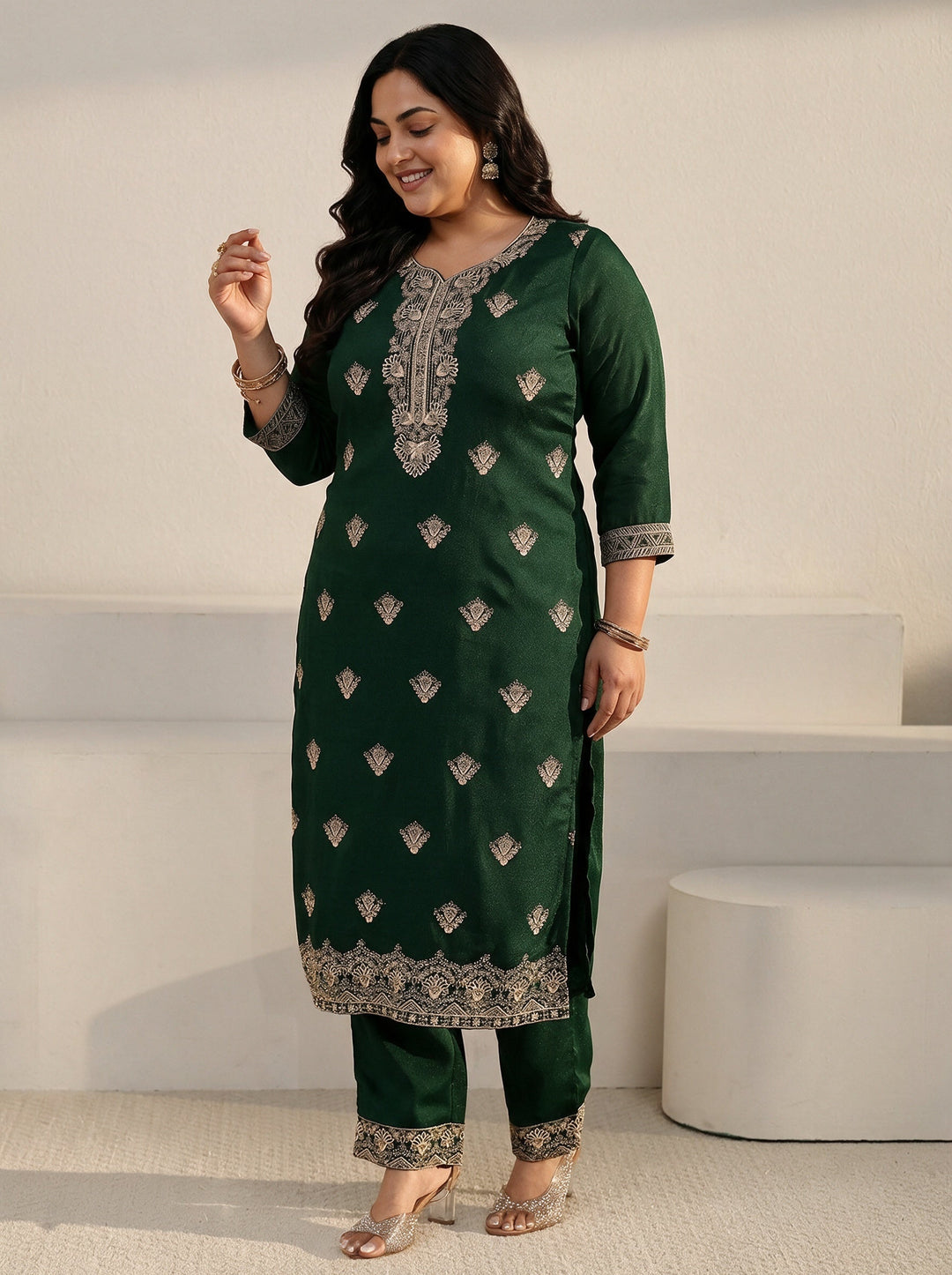  Plus Size Sacramento Green Embroidered Chinon Straight Suit Set 