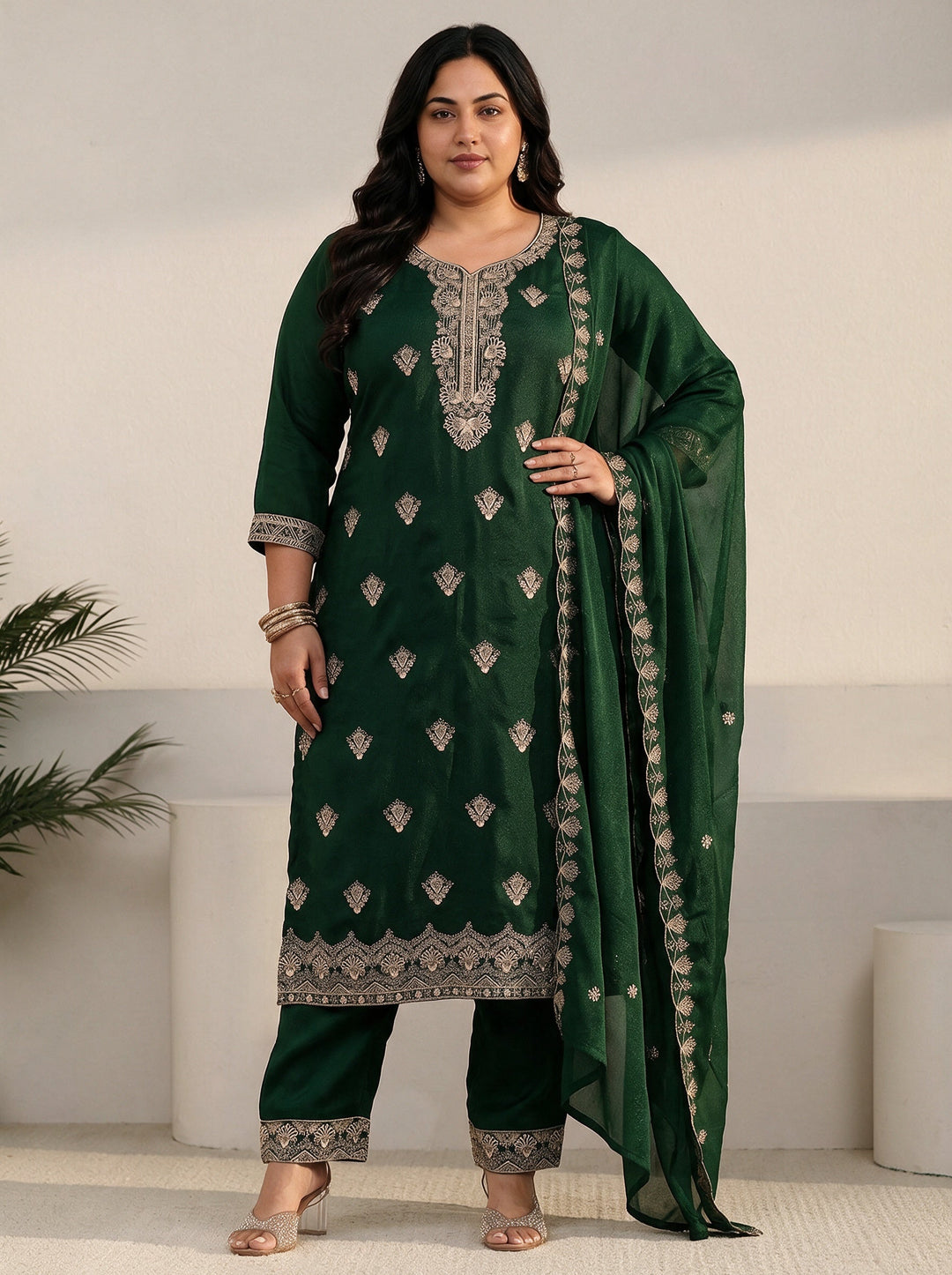  Plus Size Sacramento Green Embroidered Chinon Straight Suit Set 