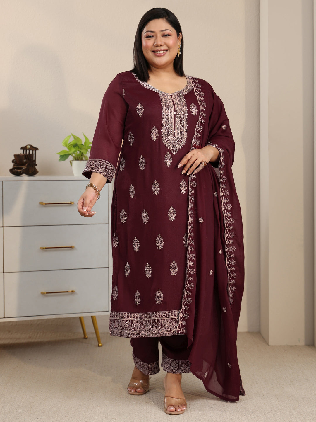  Plus Size Maroon Embroidered Chinon Straight Suit Set 