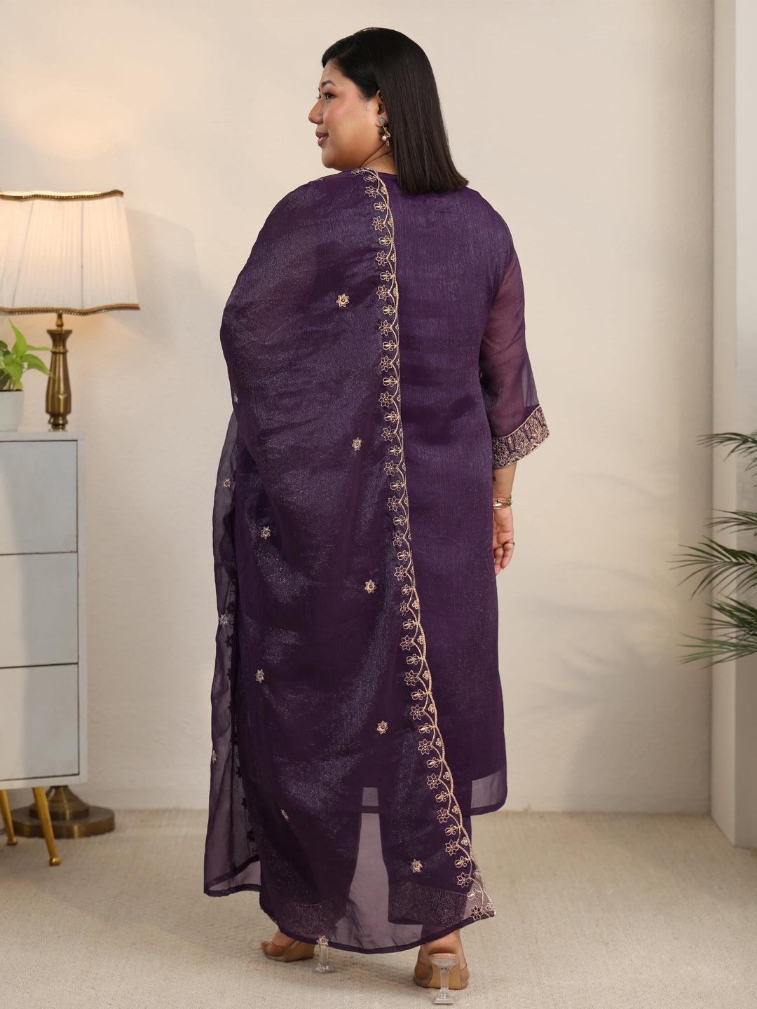  Plus Size Purple Floral Printed Chinon Straight Suit Set 